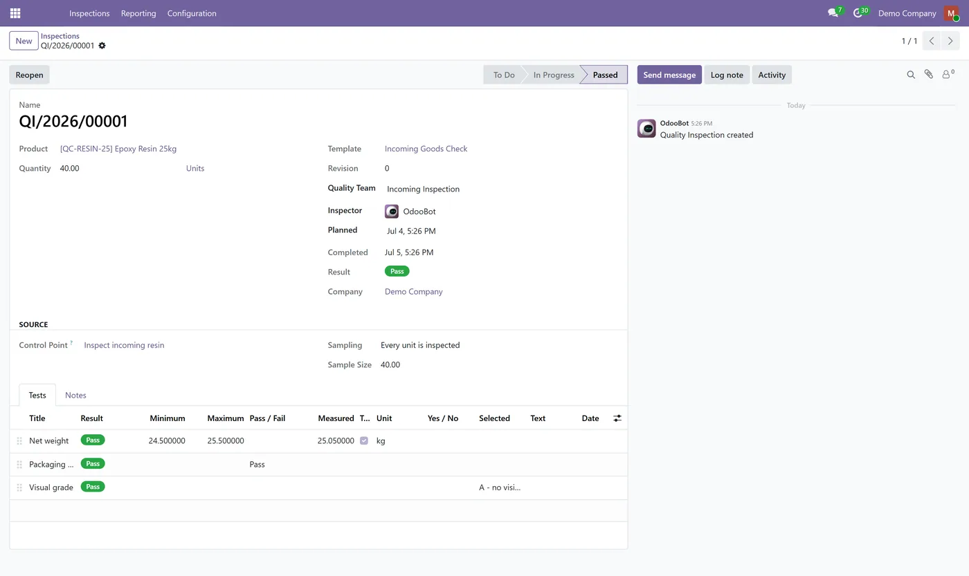 Quality Control & Inspections for Odoo, inspection passed