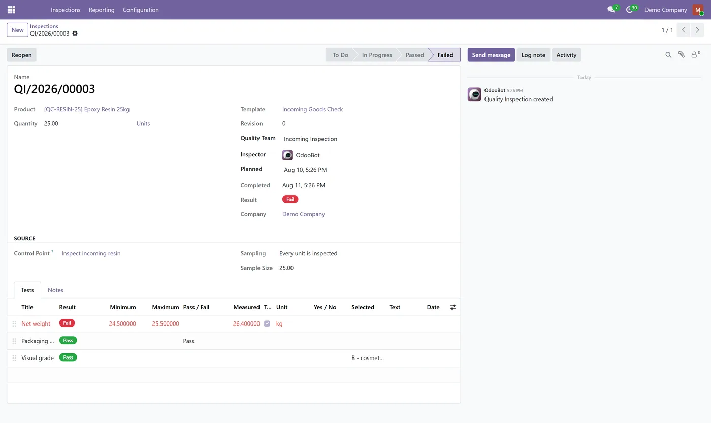 Quality Control & Inspections for Odoo, inspection failed