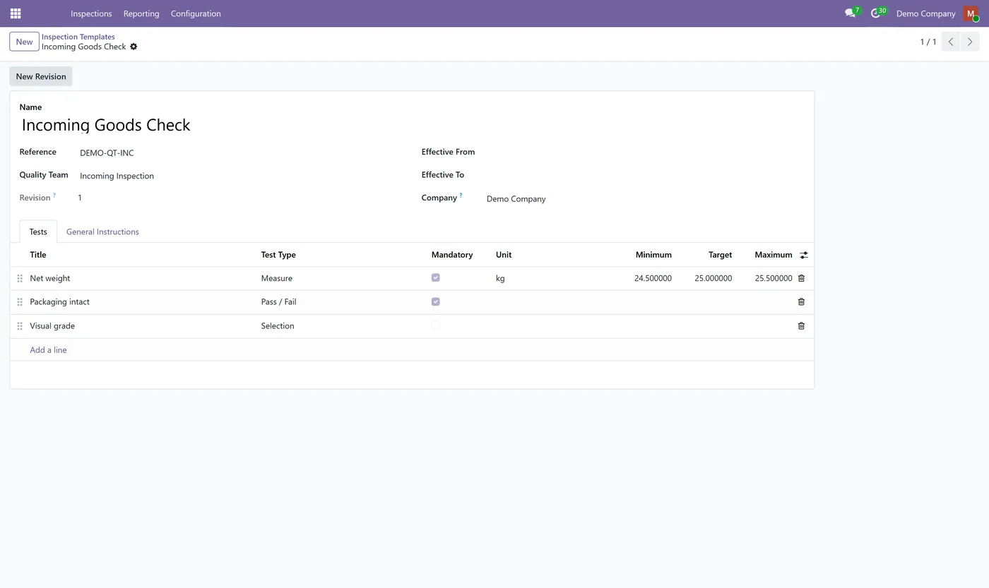 Quality Control & Inspections for Odoo, template tests