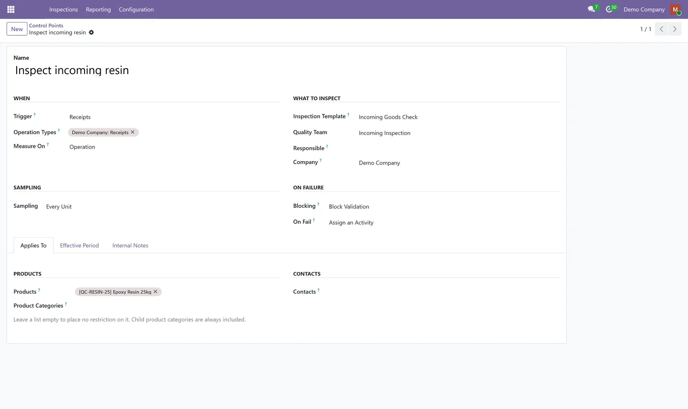 Quality Control & Inspections for Odoo, control point