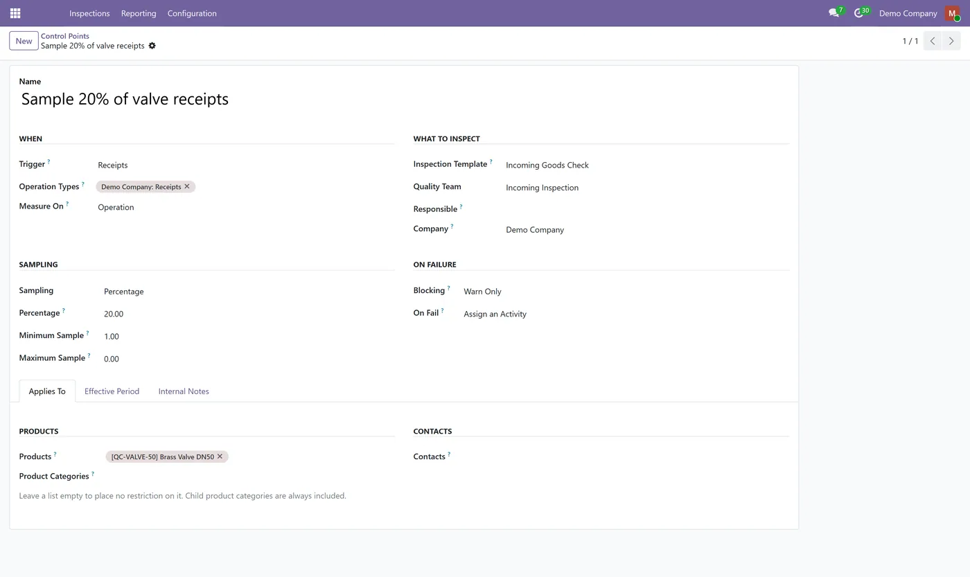 Quality Control & Inspections for Odoo, sampling point