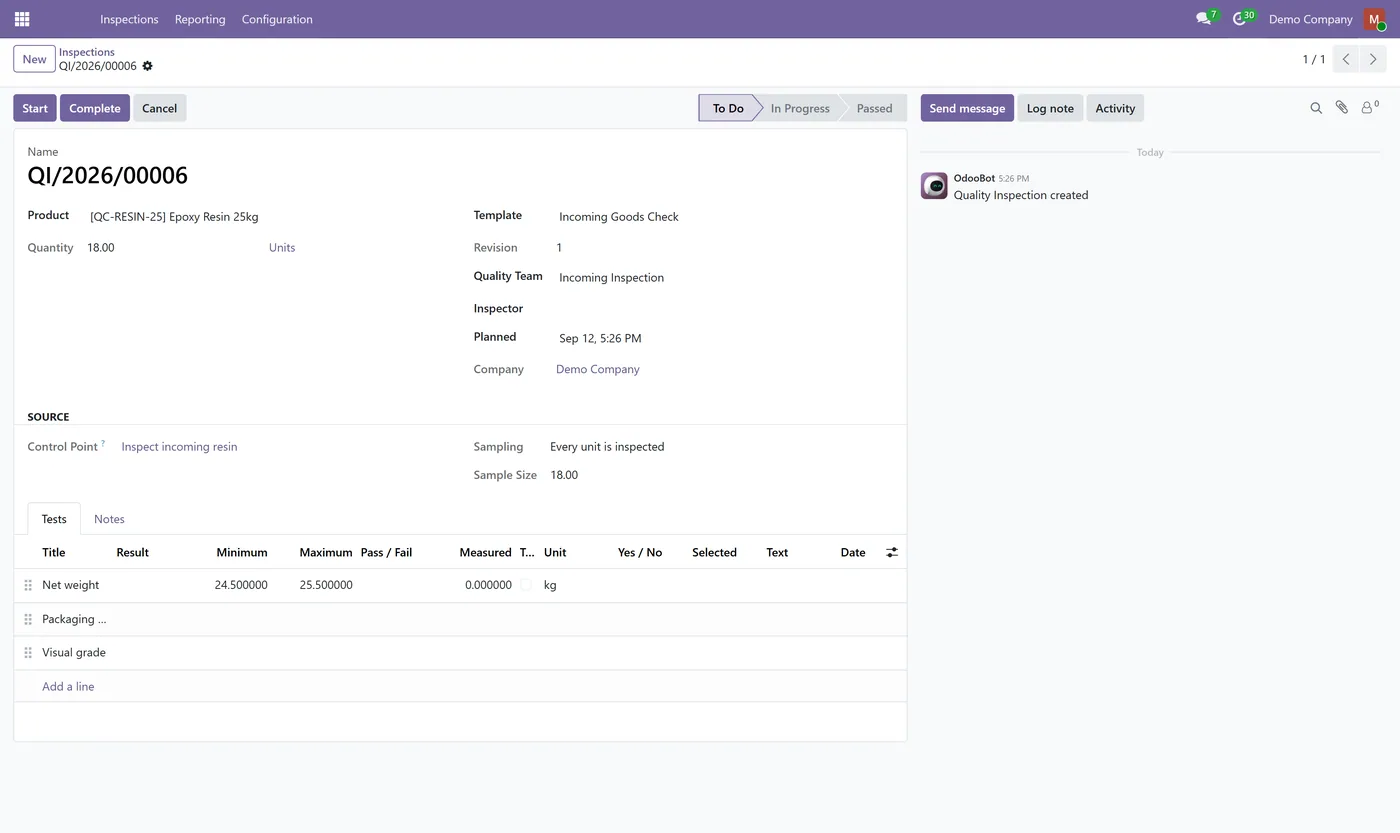 Quality Control & Inspections for Odoo, inspection todo