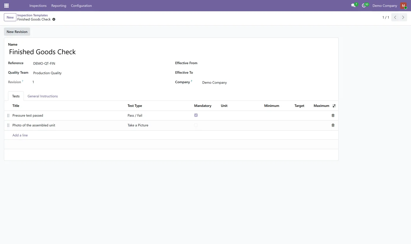 Quality Control & Inspections for Odoo, template finished