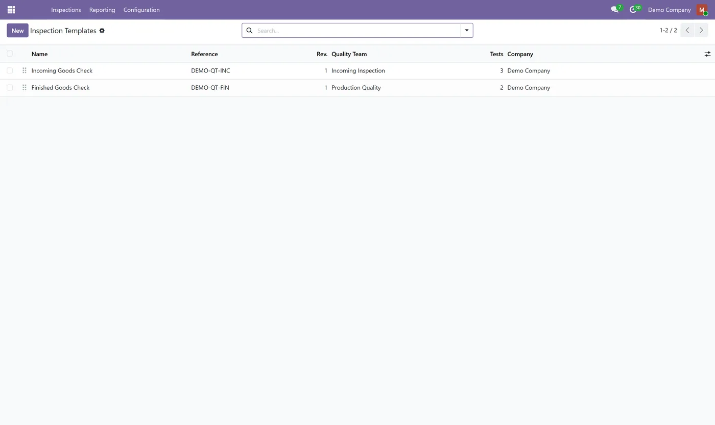 Quality Control & Inspections for Odoo, templates list