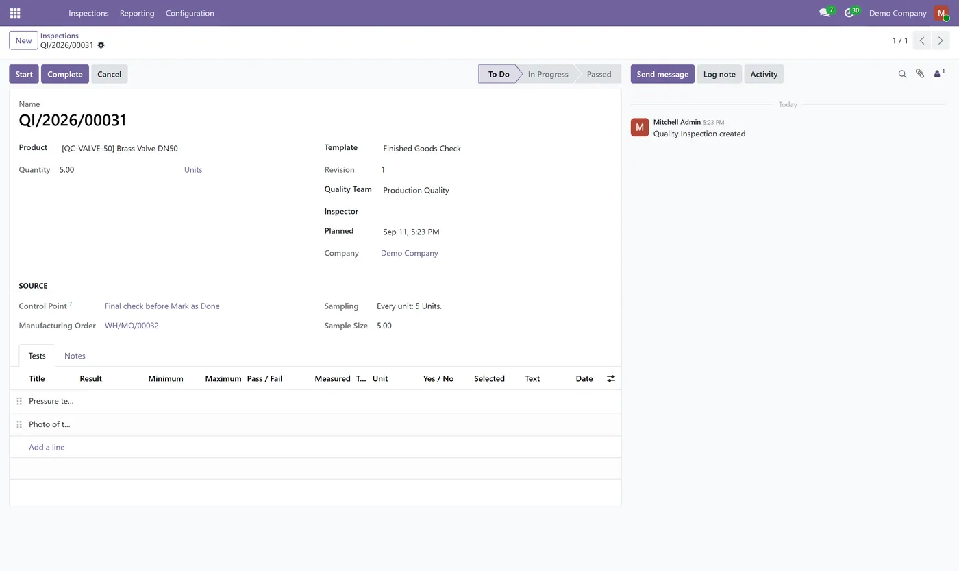 Quality Control for Manufacturing for Odoo, mo inspection