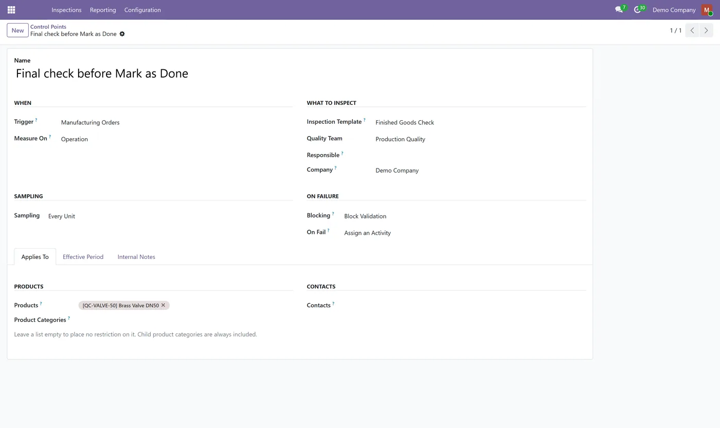Quality Control for Manufacturing for Odoo, mo control point
