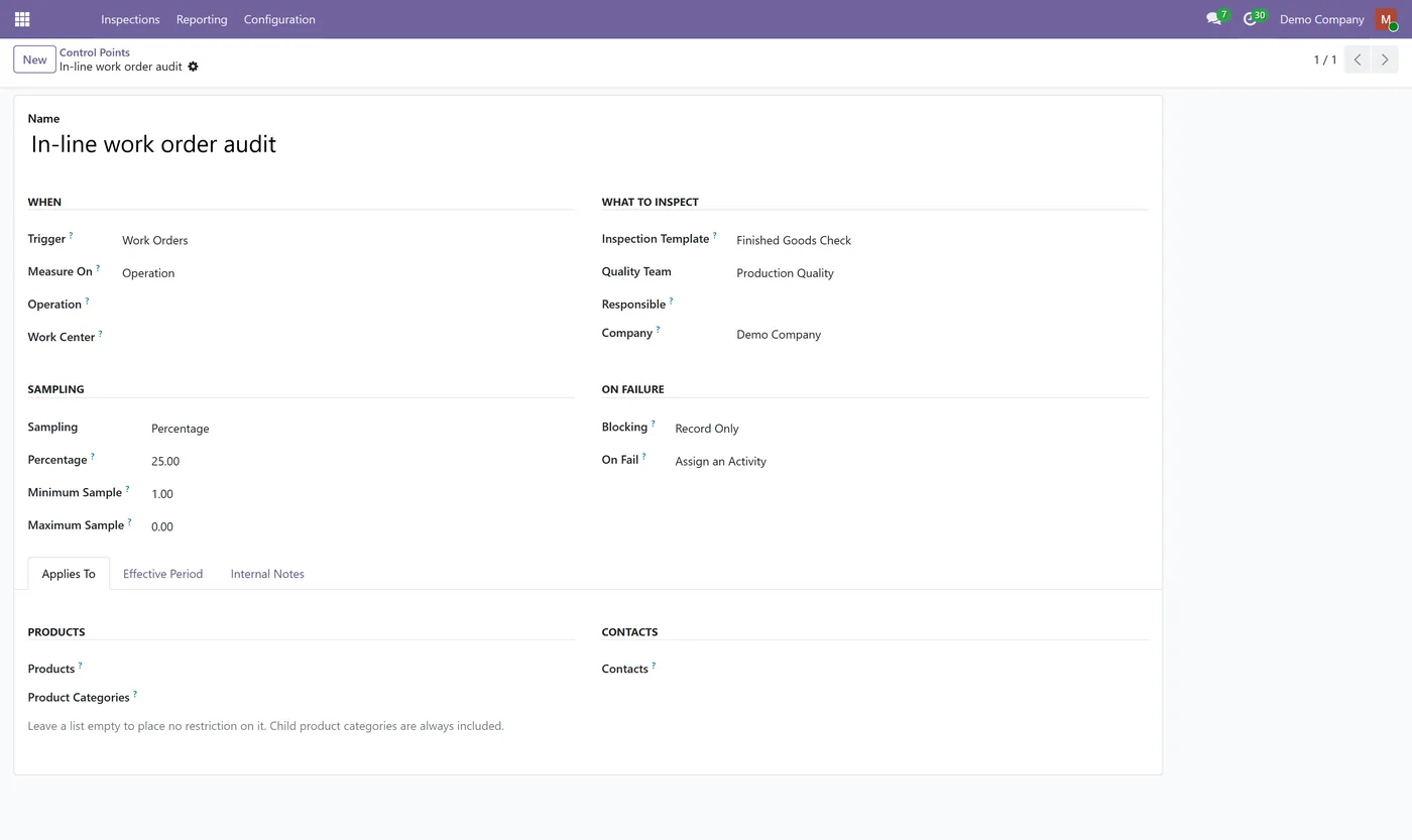 Quality Control for Manufacturing for Odoo, workorder control point