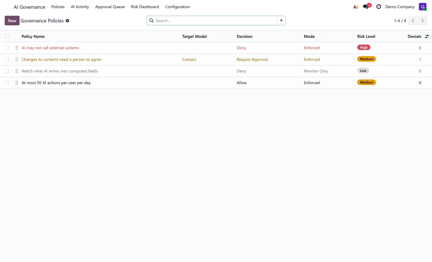 AI Governance and Control Center for Odoo, policies