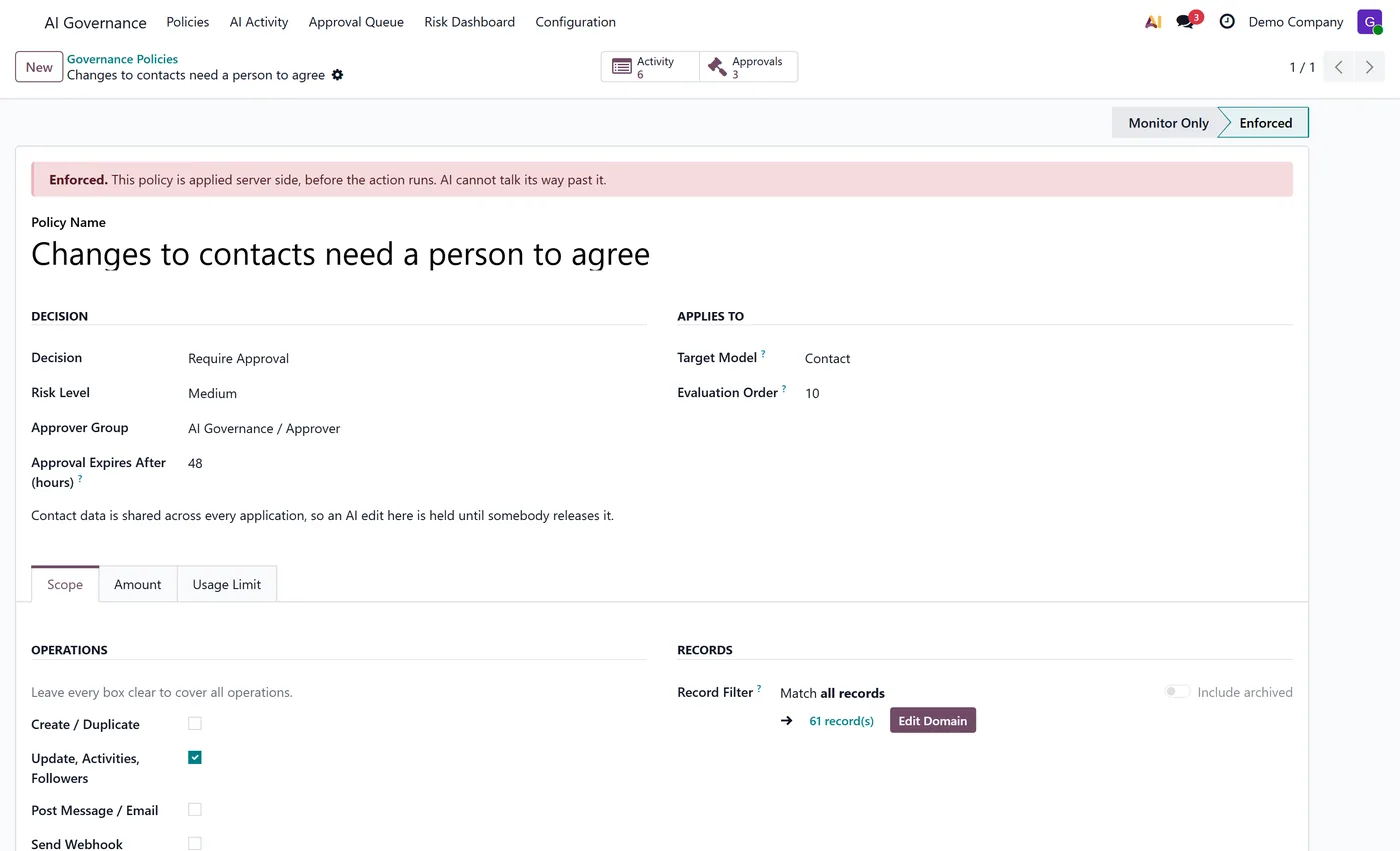 AI Governance and Control Center for Odoo, policy approval