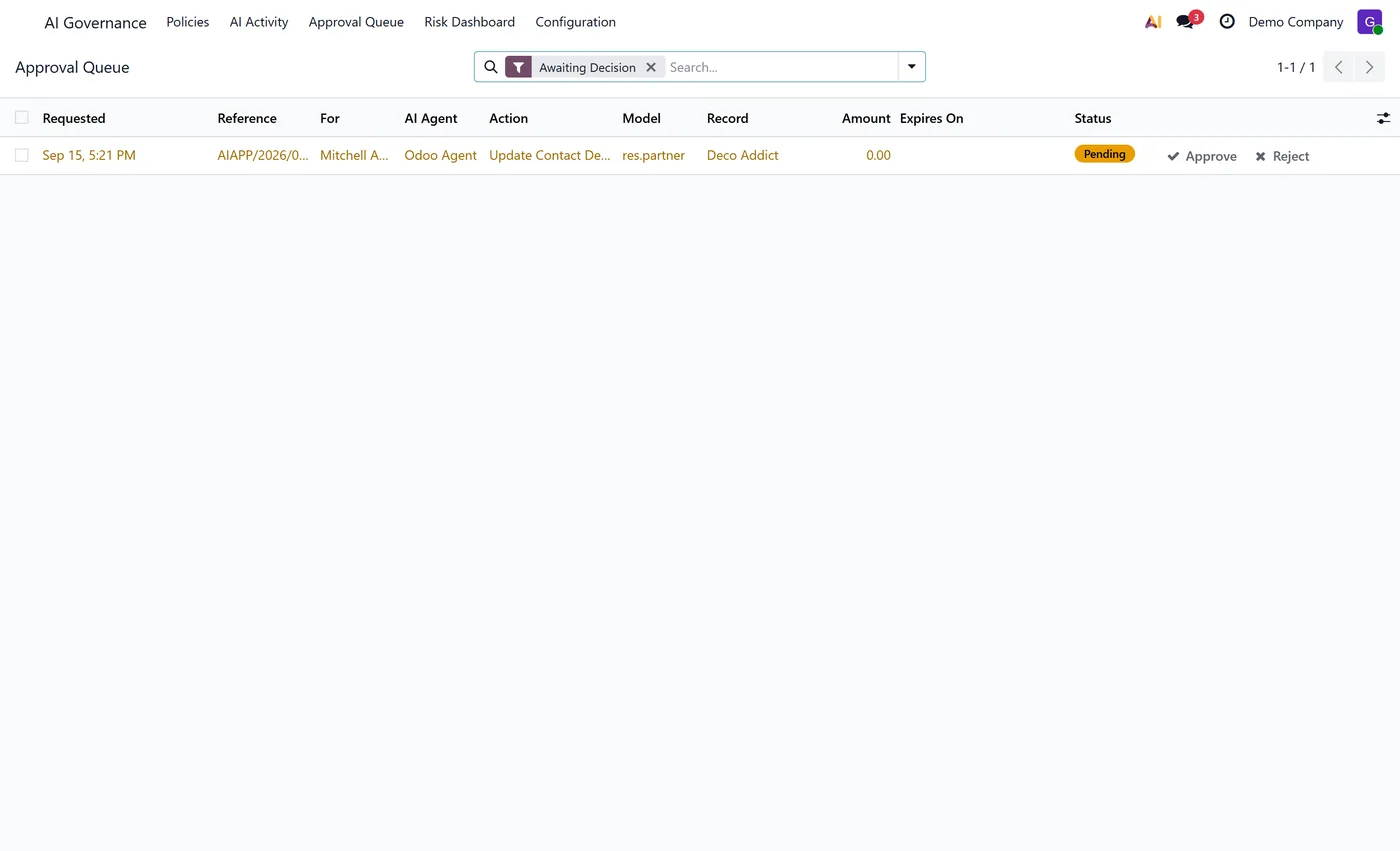 AI Governance and Control Center for Odoo, approval queue