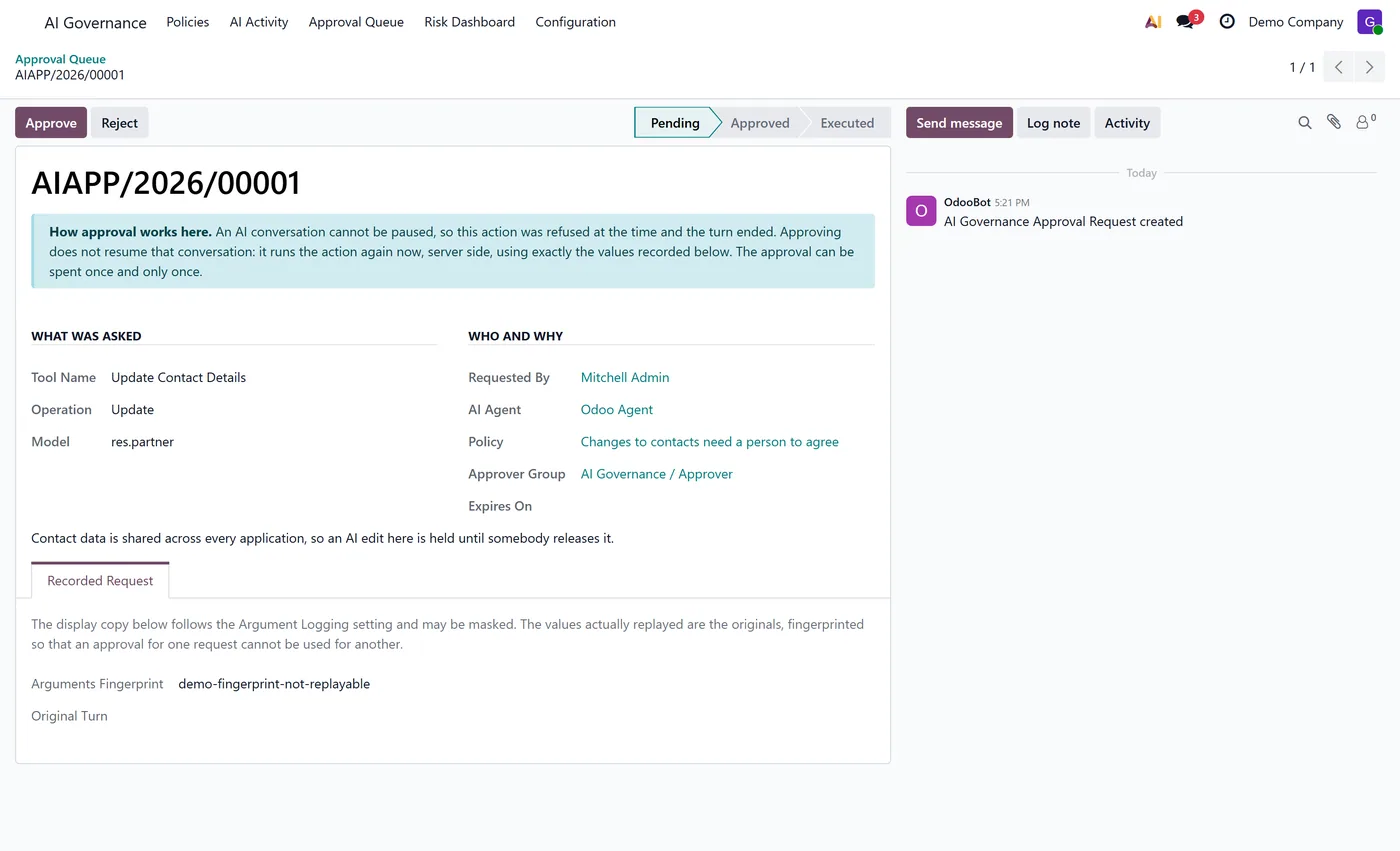 AI Governance and Control Center for Odoo, approval request