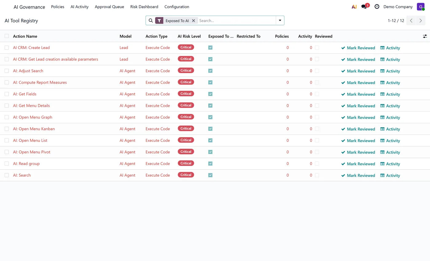AI Governance and Control Center for Odoo, tool registry