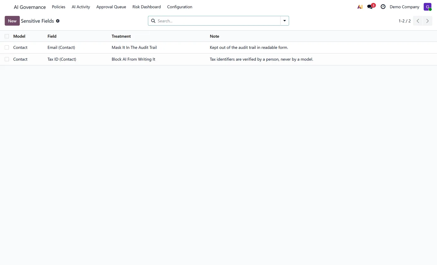 AI Governance and Control Center for Odoo, sensitive fields