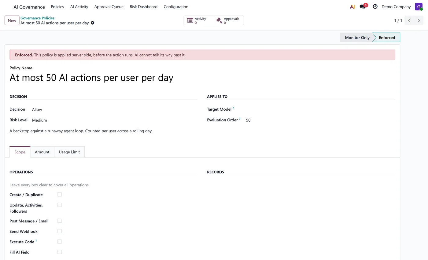 AI Governance and Control Center for Odoo, policy rate limit