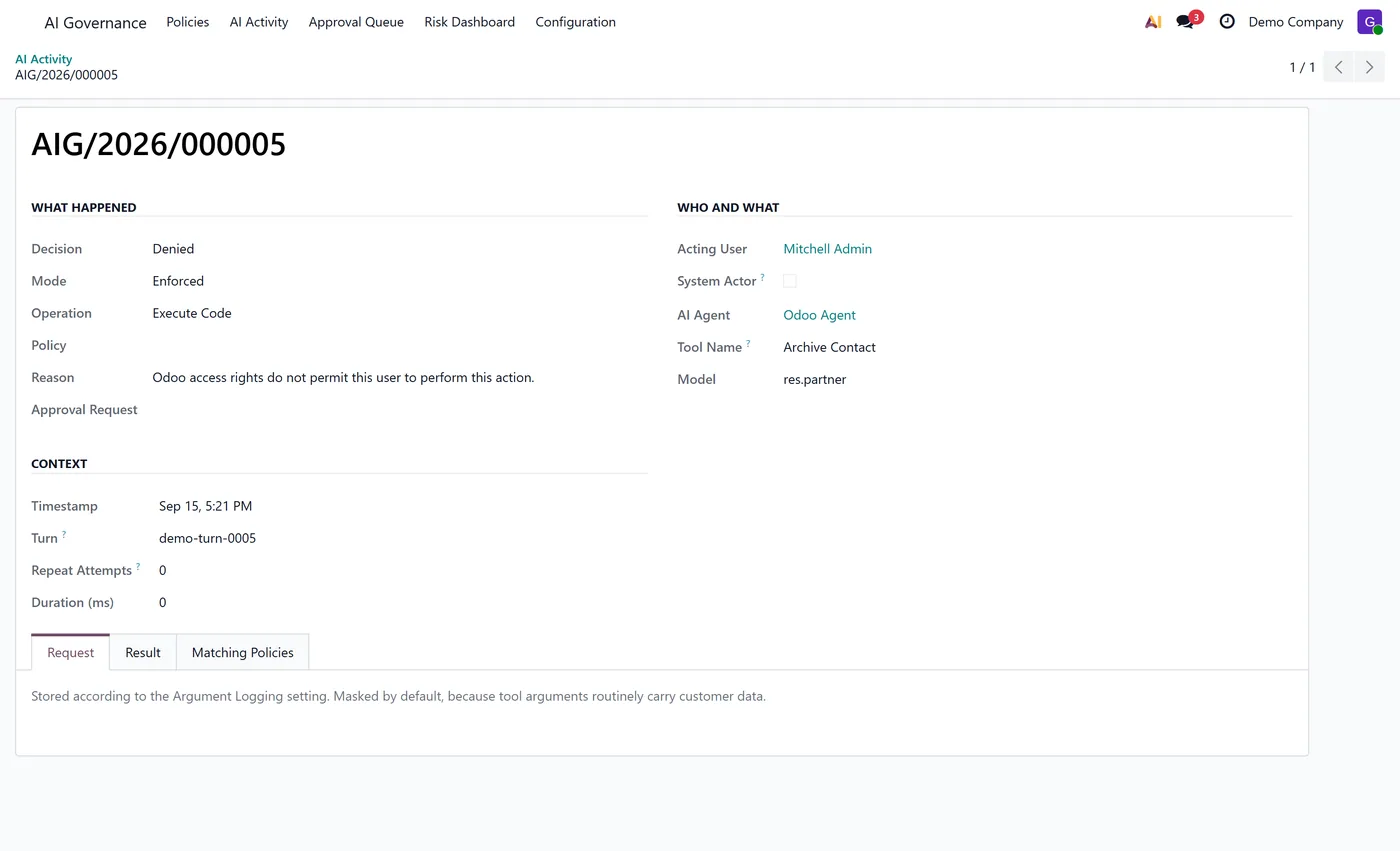 AI Governance and Control Center for Odoo, audit entry