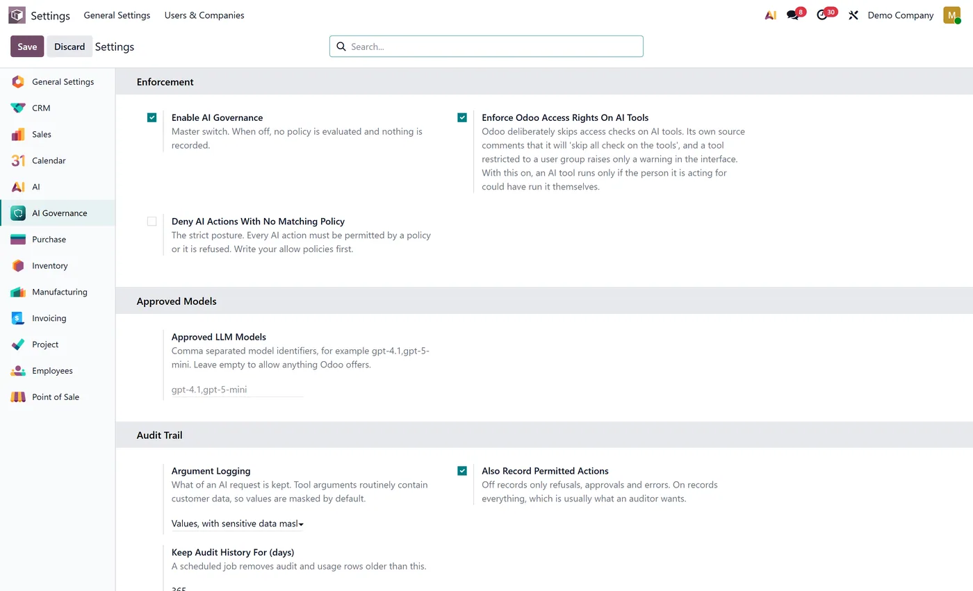 AI Governance and Control Center for Odoo, settings