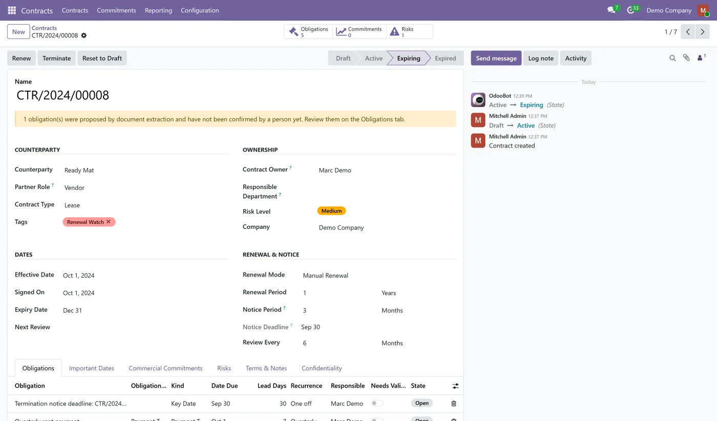 Contract Management & Obligation Tracking for Odoo, contract form