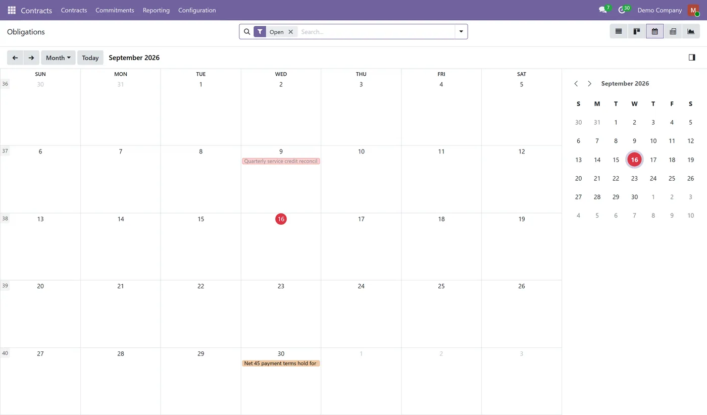 Contract Management & Obligation Tracking for Odoo, obligation calendar