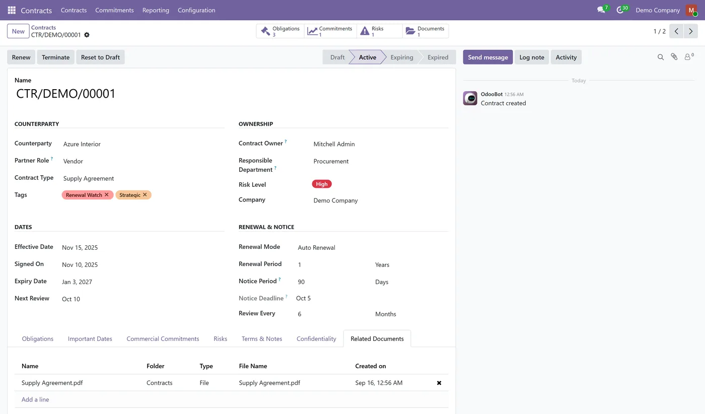 Contract AI Extraction Bridge for Odoo, contract documents