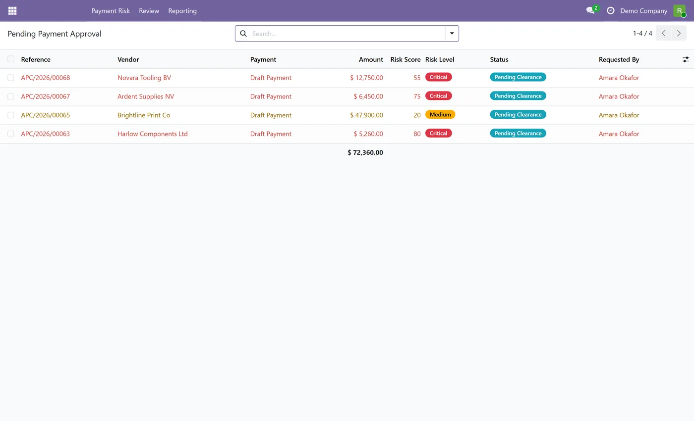 AP Payment Security and Vendor Fraud Control for Odoo, payment clearance queue