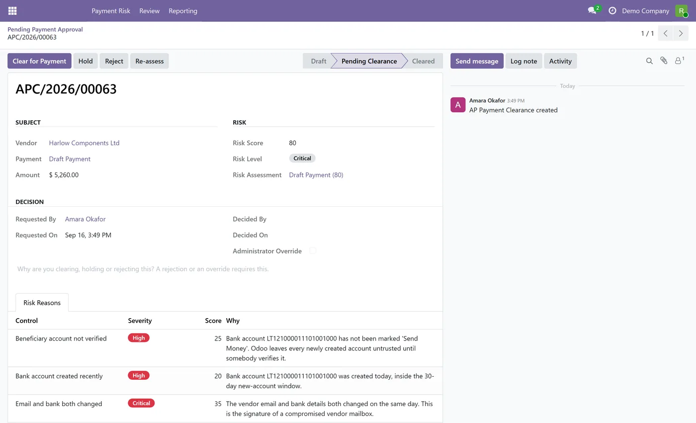 AP Payment Security and Vendor Fraud Control for Odoo, critical clearance