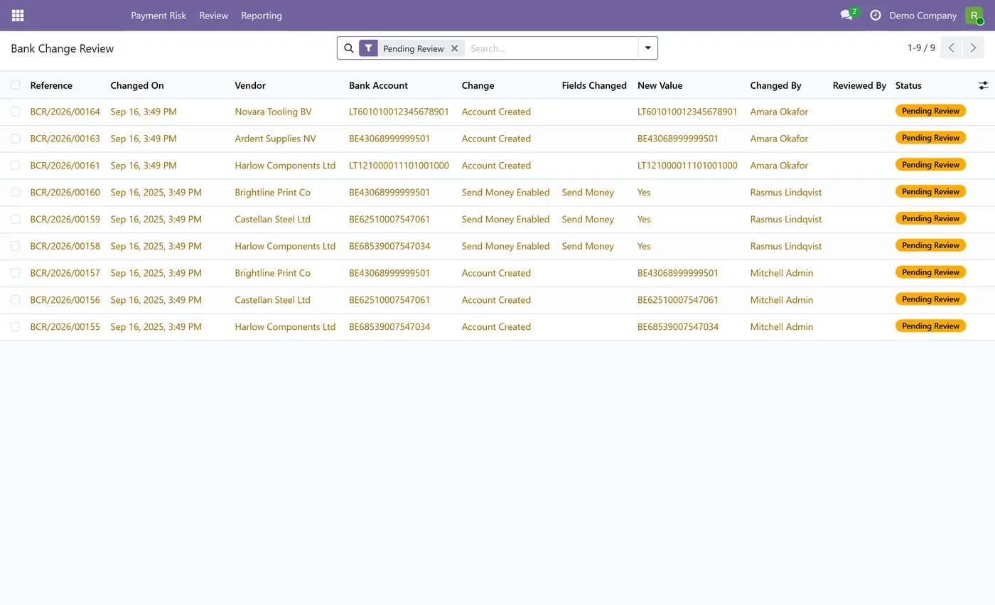 AP Payment Security and Vendor Fraud Control for Odoo, bank change review