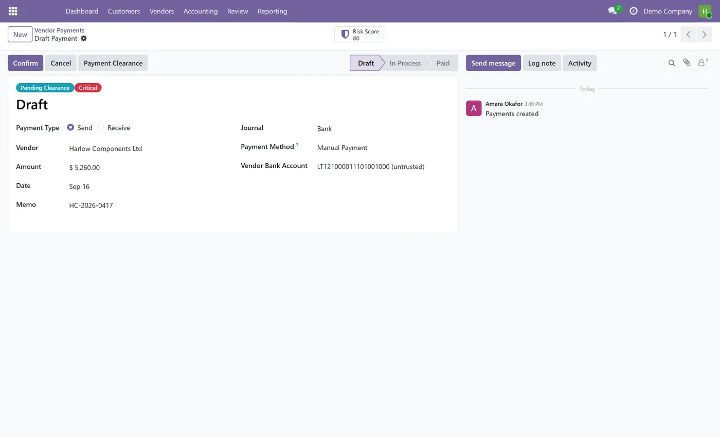 AP Payment Security and Vendor Fraud Control for Odoo, payment held in draft