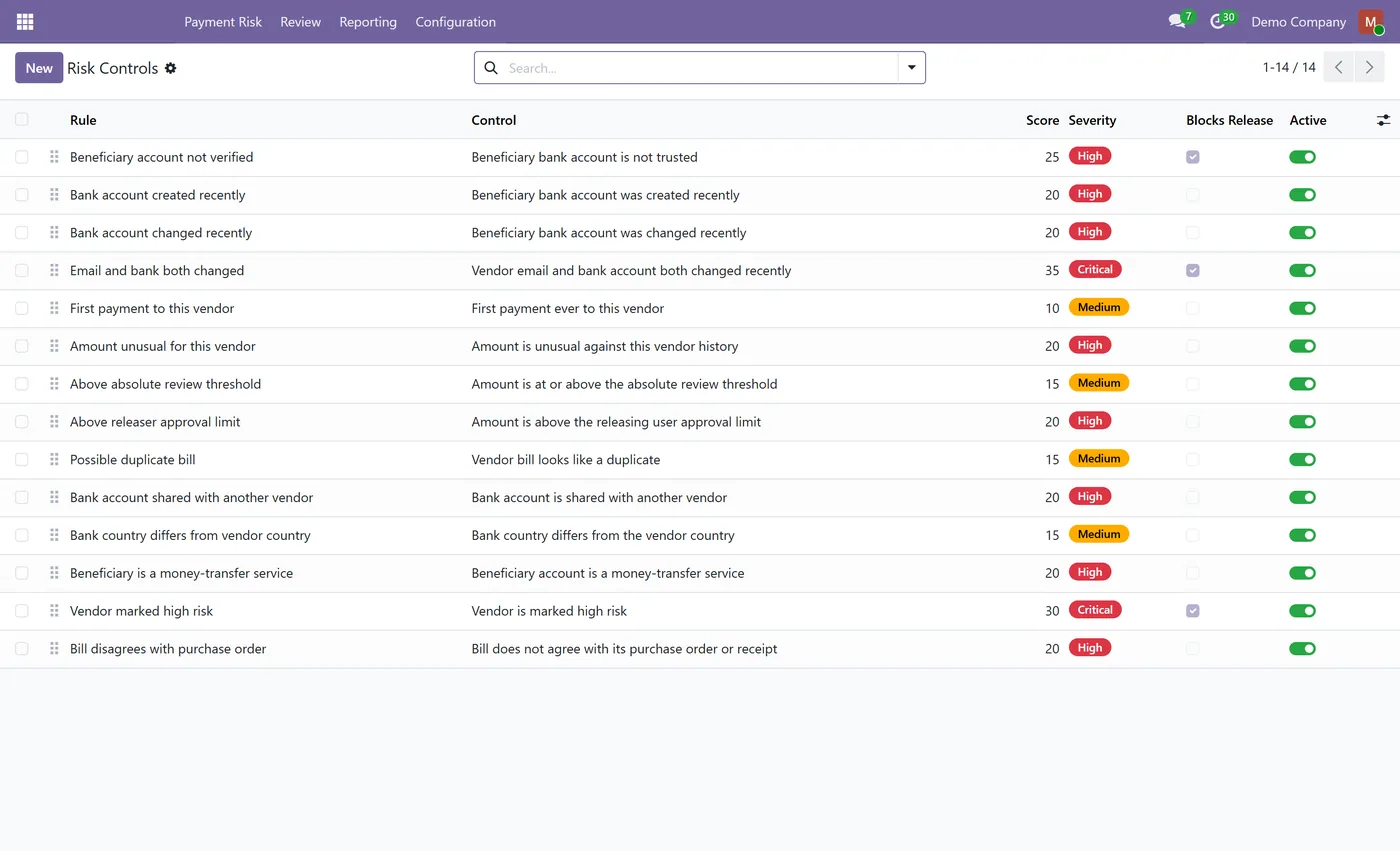 AP Payment Security and Vendor Fraud Control for Odoo, risk controls