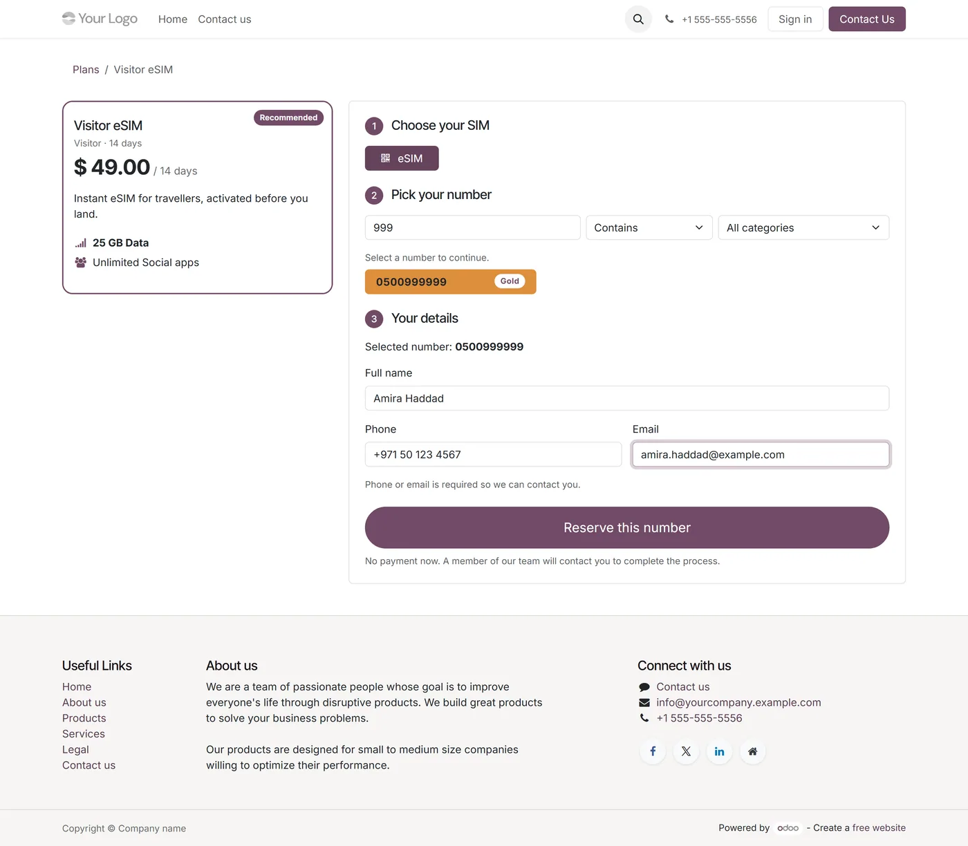 SIM Plans & Mobile Number Reservation for Odoo, choose number