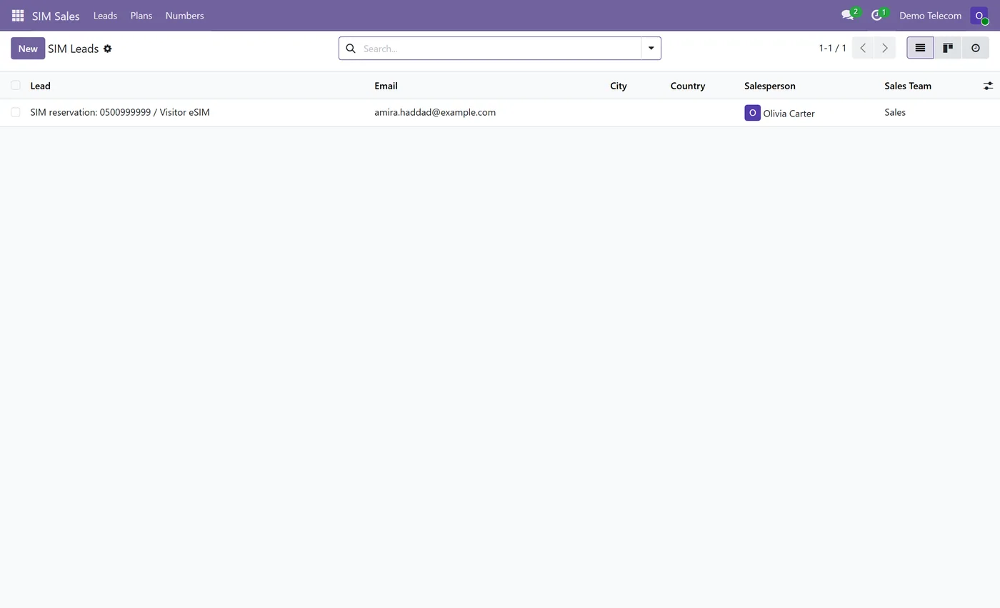 SIM Plans & Mobile Number Reservation for Odoo, sim leads