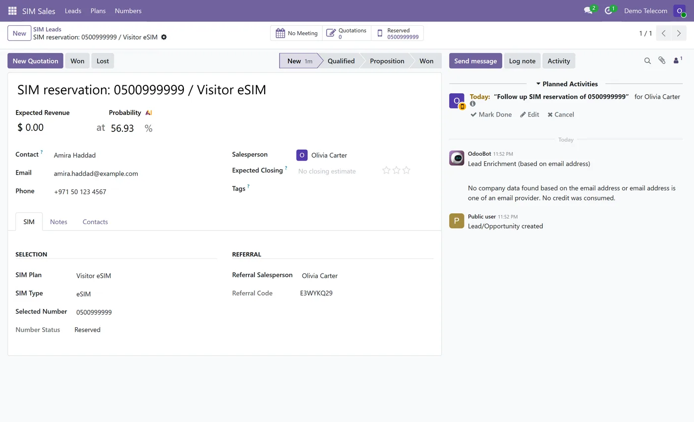 SIM Plans & Mobile Number Reservation for Odoo, lead sim tab