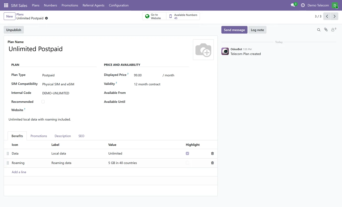 SIM Plans & Mobile Number Reservation for Odoo, plan form