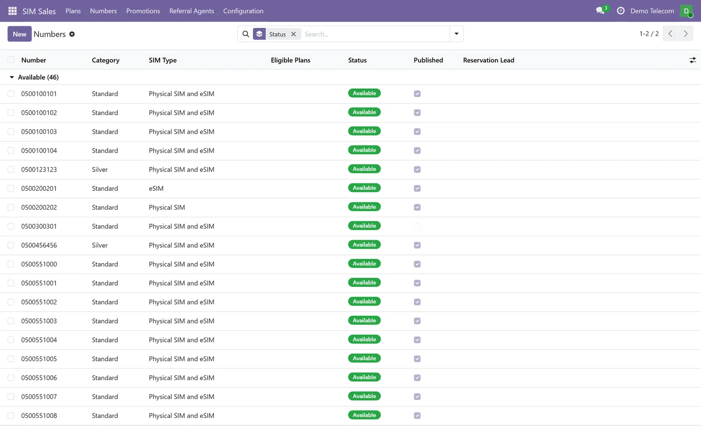 SIM Plans & Mobile Number Reservation for Odoo, numbers
