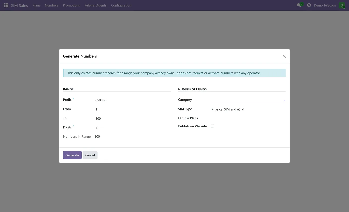 SIM Plans & Mobile Number Reservation for Odoo, generate numbers