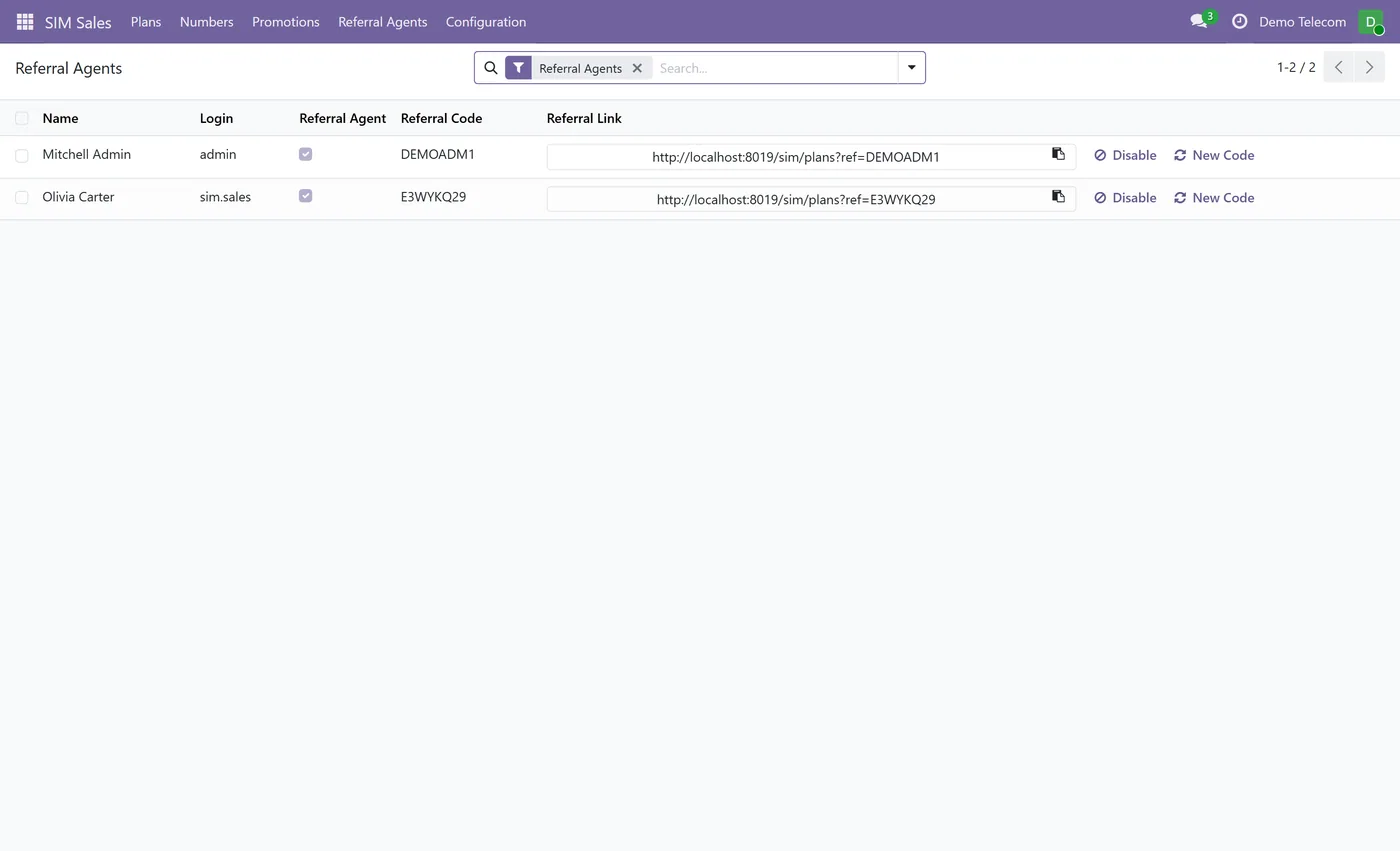 SIM Plans & Mobile Number Reservation for Odoo, referral agents