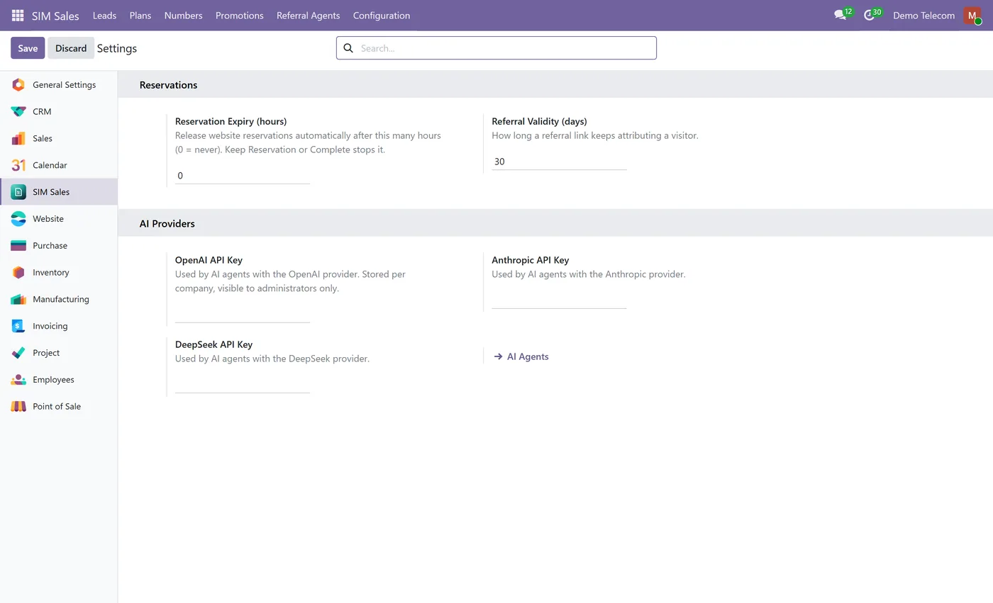 SIM Plans & Mobile Number Reservation for Odoo, settings