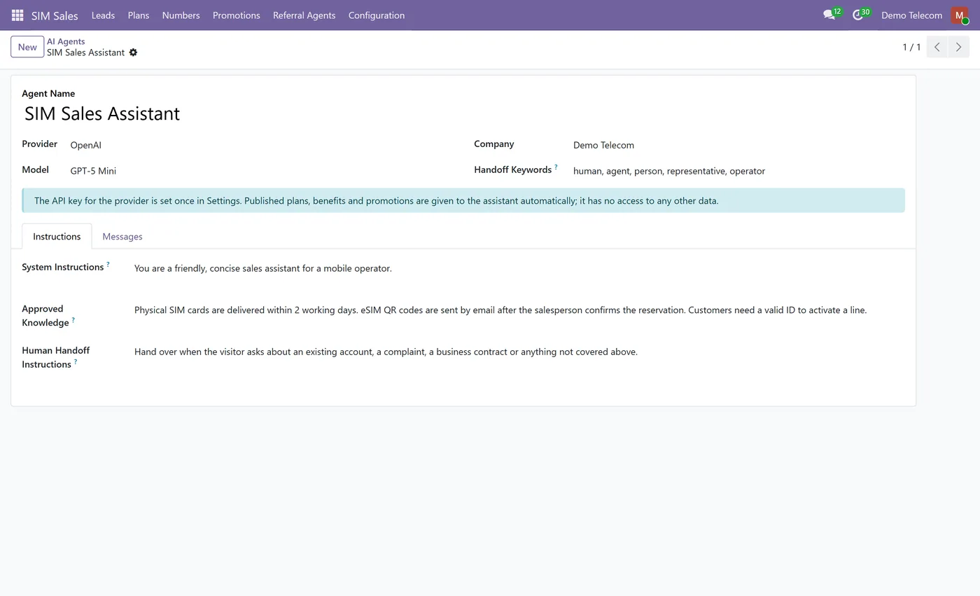 SIM Plans & Mobile Number Reservation for Odoo, ai agent