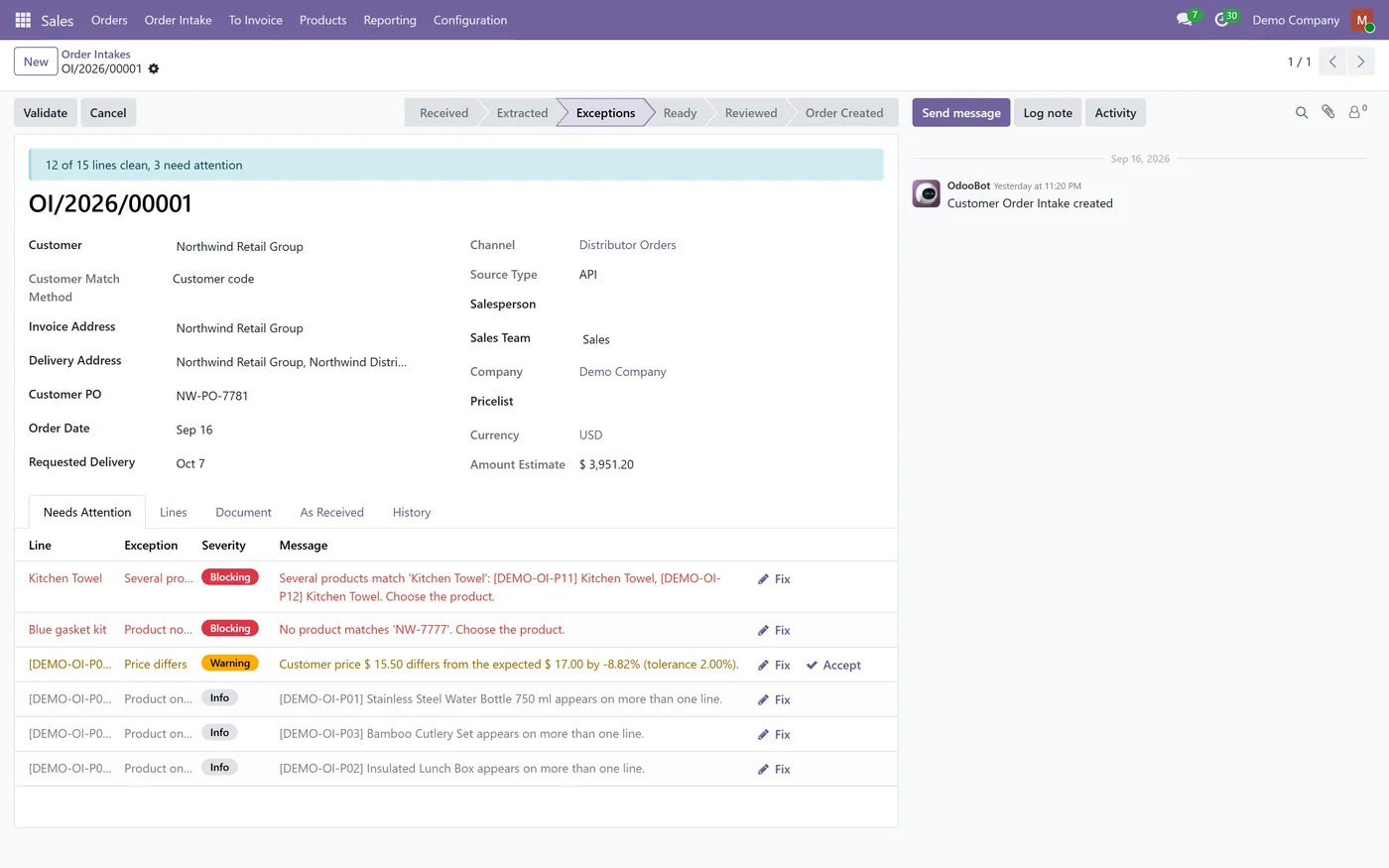 Sales Order Intake for Odoo, needs attention