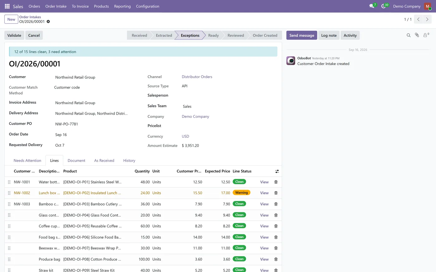 Sales Order Intake for Odoo, matched lines