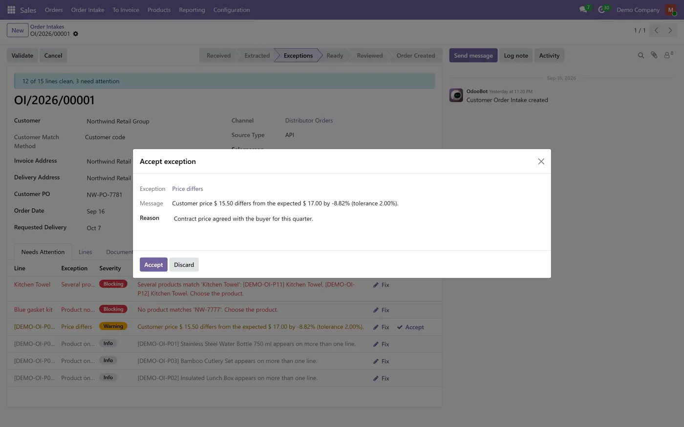 Sales Order Intake for Odoo, accept with reason