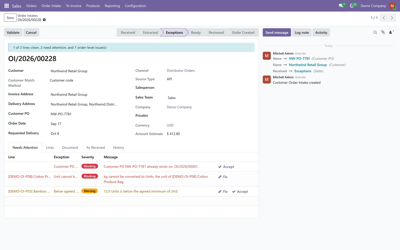 Sales Order Intake for Odoo, duplicate po