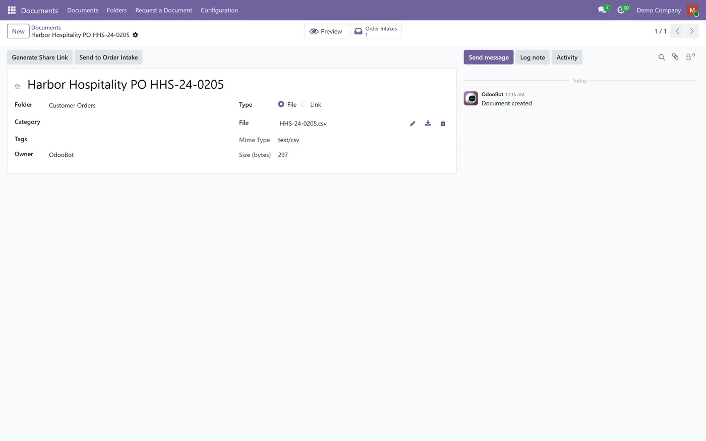 Sales Order Intake DMS Bridge for Odoo, send to order intake