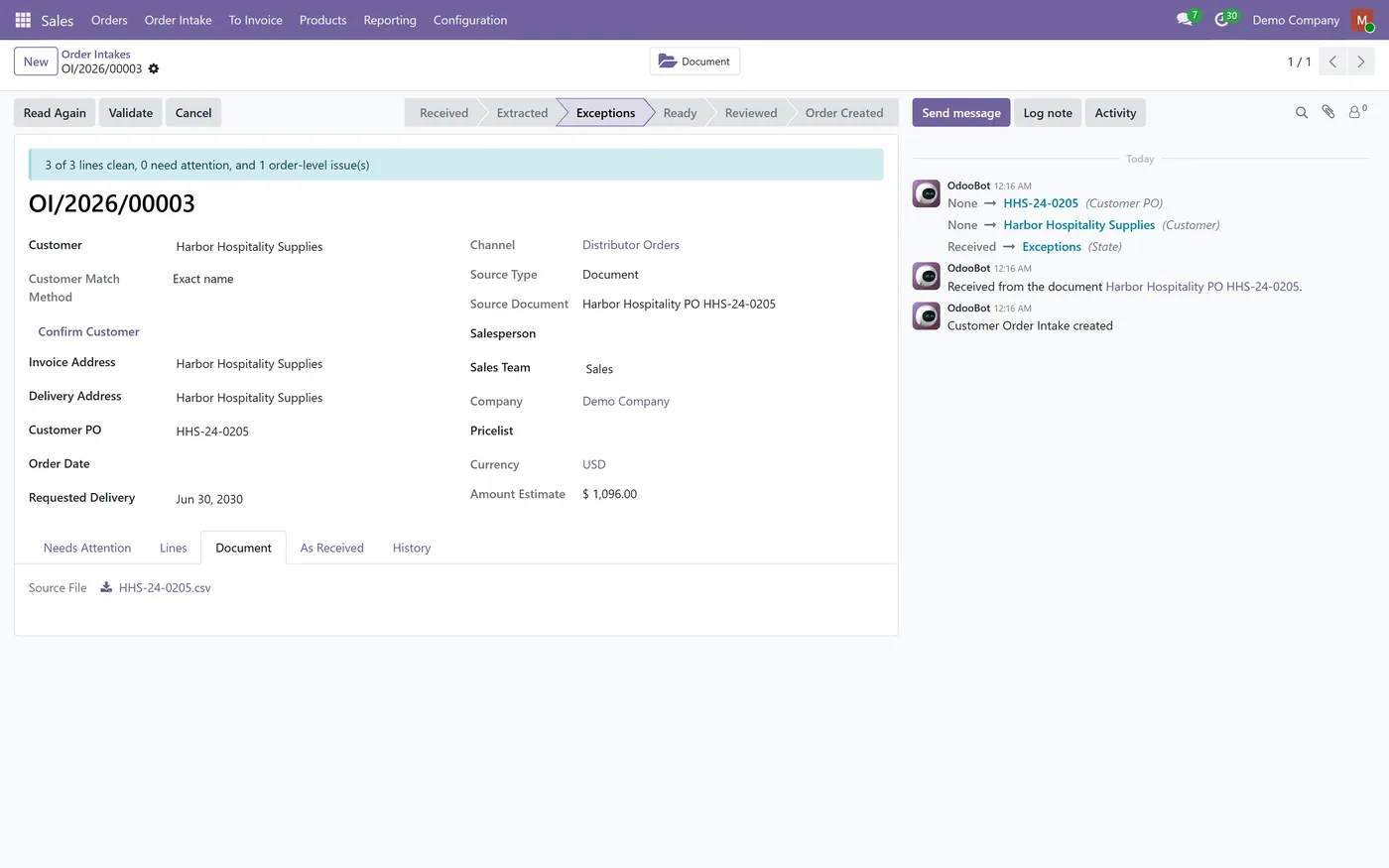 Sales Order Intake DMS Bridge for Odoo, intake from document