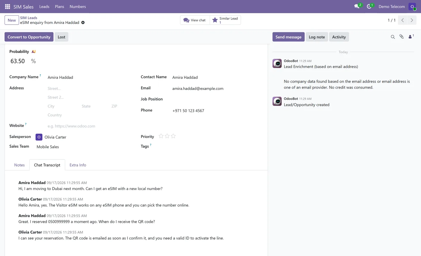 SIM Plans & Mobile Number Reservation for Odoo, chat transcript