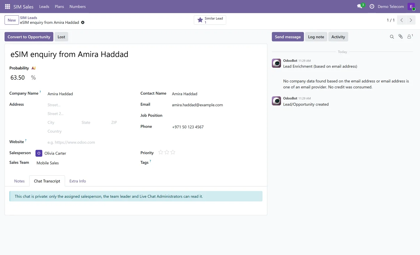 SIM Plans & Mobile Number Reservation for Odoo, private chat