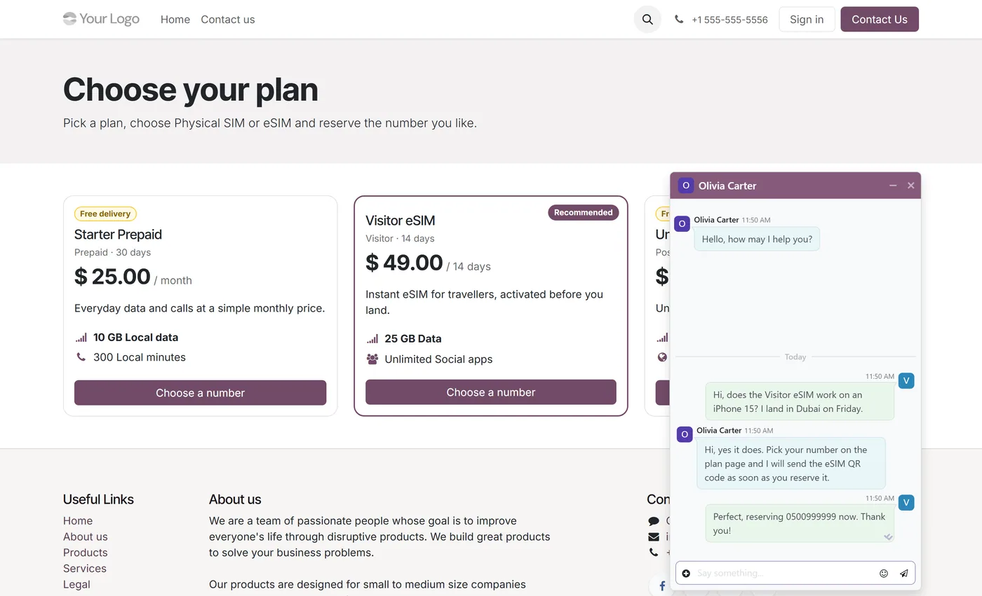 SIM Plans & Mobile Number Reservation for Odoo, website live chat
