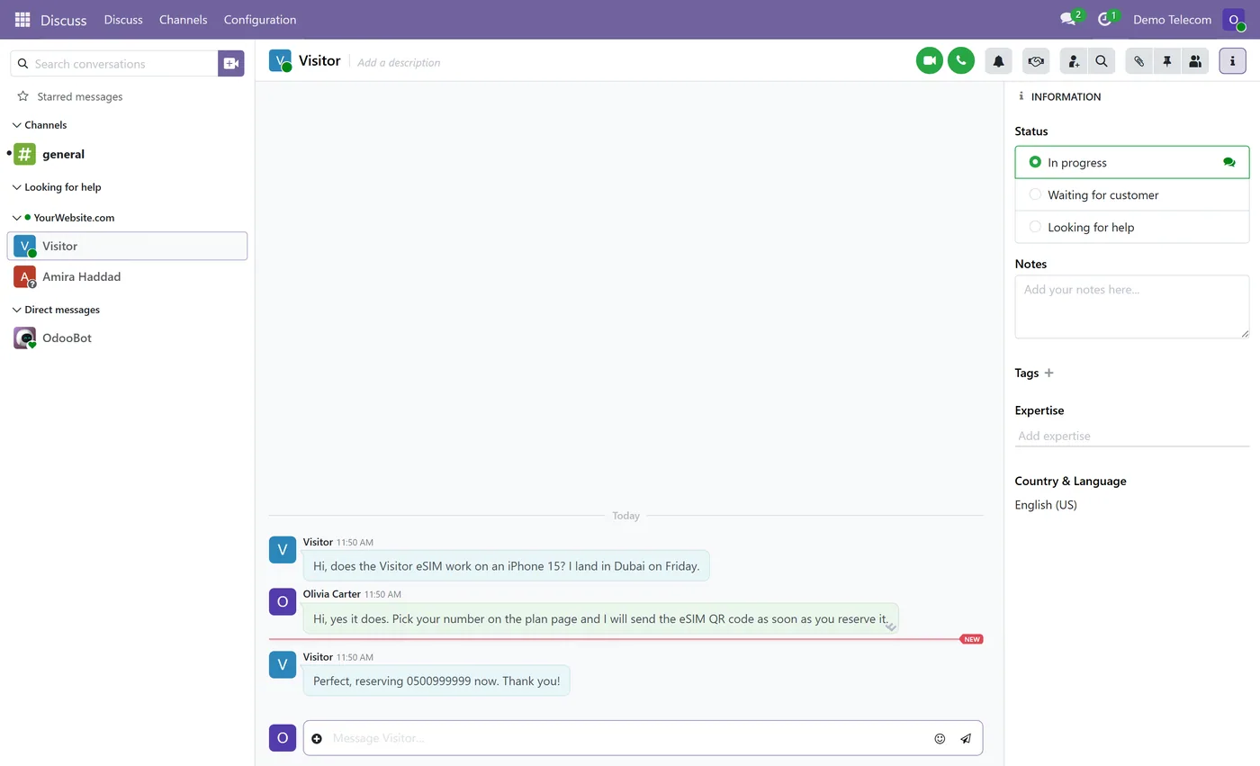 SIM Plans & Mobile Number Reservation for Odoo, agent live chat