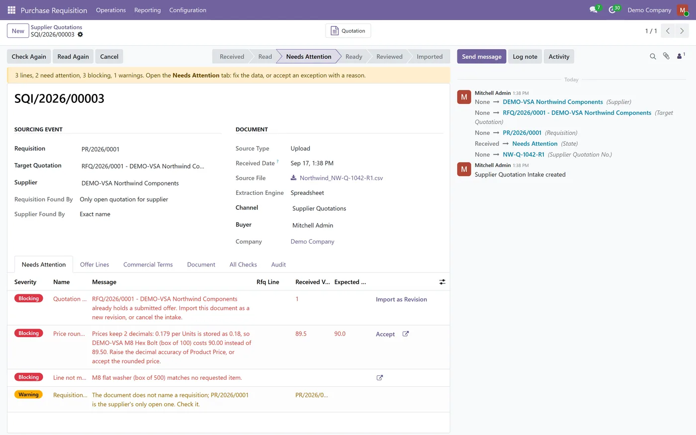Supplier Quotation Intake for Odoo, needs attention