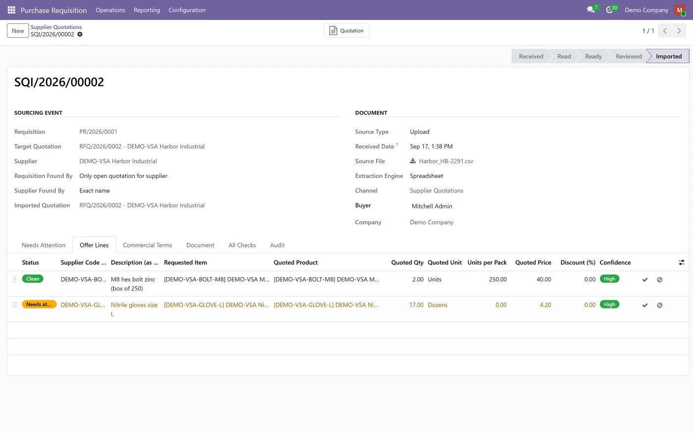 Supplier Quotation Intake for Odoo, offer lines converted