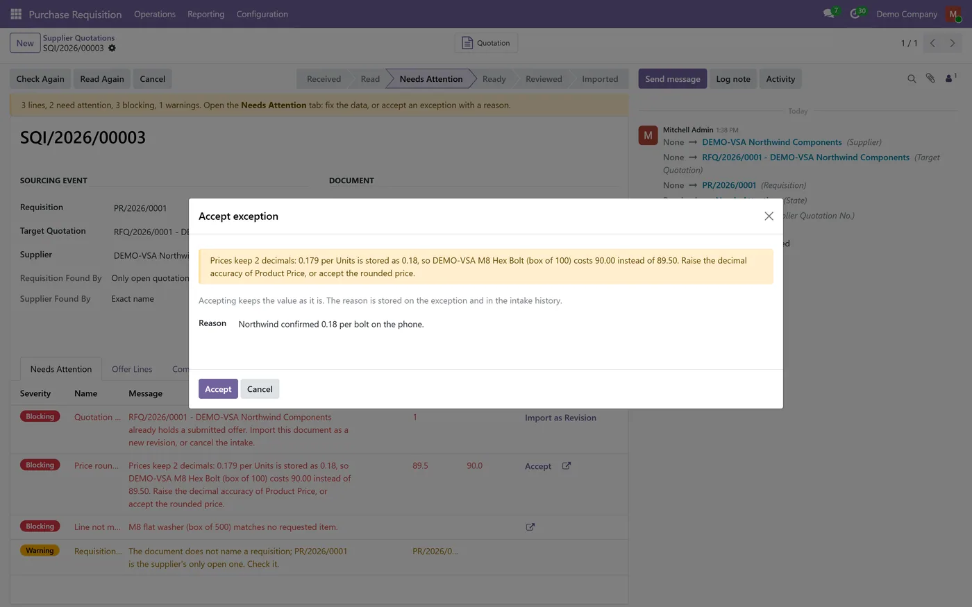 Supplier Quotation Intake for Odoo, accept with reason